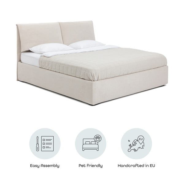 Letto matrimoniale imbottito beige con contenitore con rete inclusa 160x200 cm Thessa Pillow – Bonami Selection-image-4