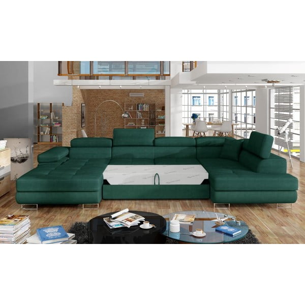 Divano angolare verde allungabile/con contenitore (con penisola a destra/a U) e rivestimento in velluto Rodrigo – ELTAP-image-2