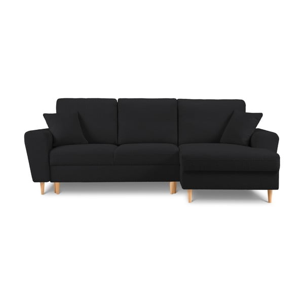 Divano angolare nero allungabile e con contenitore (con penisola a destra/con chaise lounge) con rivestimento in bouclé Kyoto – Cosmopolitan Design