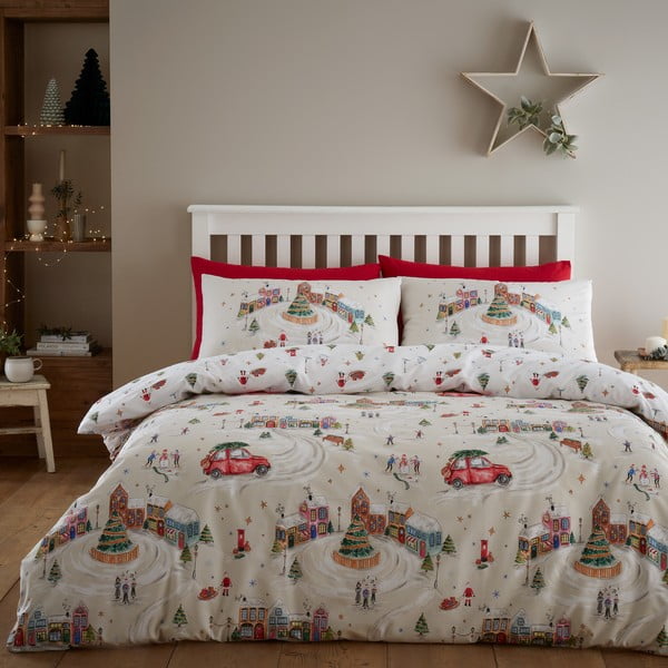 Set copripiumino e federa bianco e beige per letto matrimoniale e per letto esteso 230x220 cm Christmas Town – Catherine Lansfield-image-1