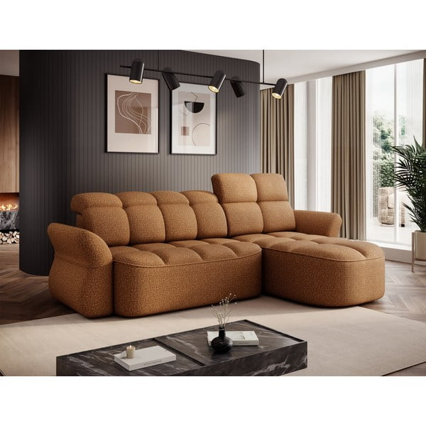 Divano angolare giallo/marrone allungabile/con contenitore (con penisola a destra/con chaise lounge) e rivestimento in velluto Beneth – ELTAP-image-1