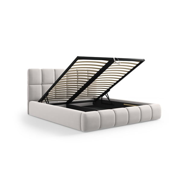 Letto matrimoniale imbottito in grigio chiaro in velluto con contenitore con rete inclusa 180x200 cm Bellis – Micadoni -image-2