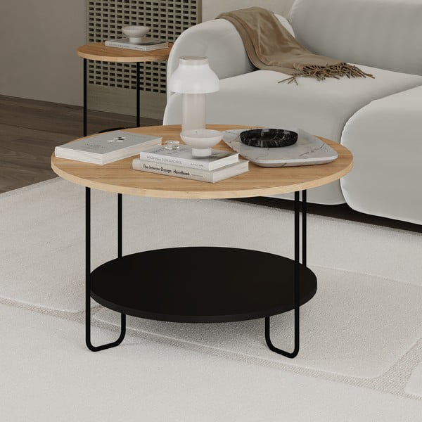 Tavolino rotondo con piano in rovere nero e naturale ø 80 cm Tonka - Marckeric-image-2