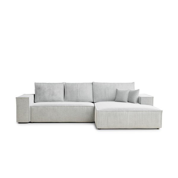 Divano angolare grigio chiaro allungabile/con contenitore (con penisola a destra/con chaise lounge) con rivestimento in ciniglia Maze – Maison de Rêve
