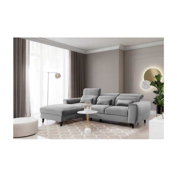Divano angolare grigio allungabile/con contenitore (con penisola a sinistra/con chaise lounge) e rivestimento in velluto Foble – ELTAP-image-3