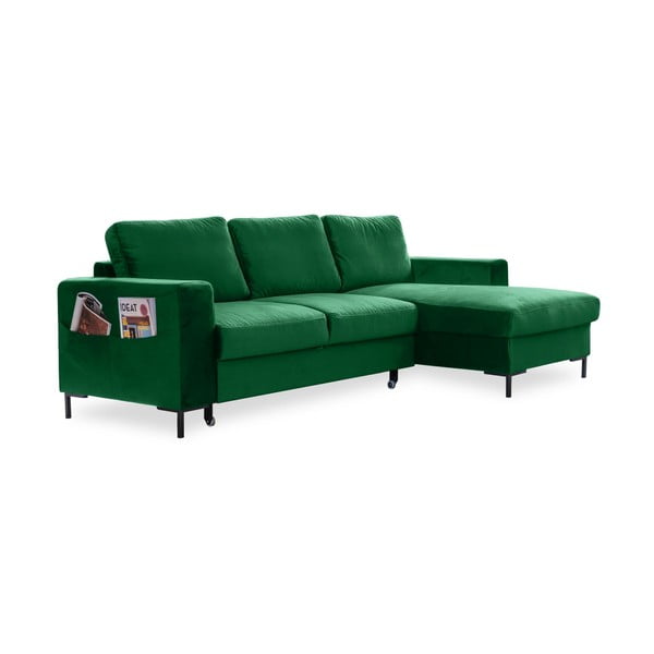 Divano letto angolare in velluto verde, angolo destro Lofty Lilly - Miuform