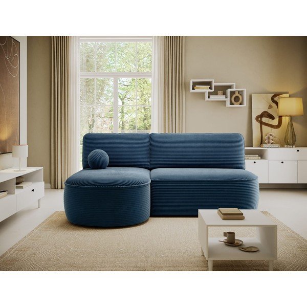Divano angolare blu scuro allungabile/con contenitore (con penisola a sinistra/con chaise lounge) con rivestimento in velluto a coste Livosa – ELTAP-image-1