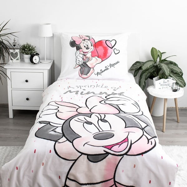 Set copripiumino e federa da bambini bianco/rosa in cotone per letto singolo 140x200 cm Minnie "White" – Jerry Fabrics-image-1