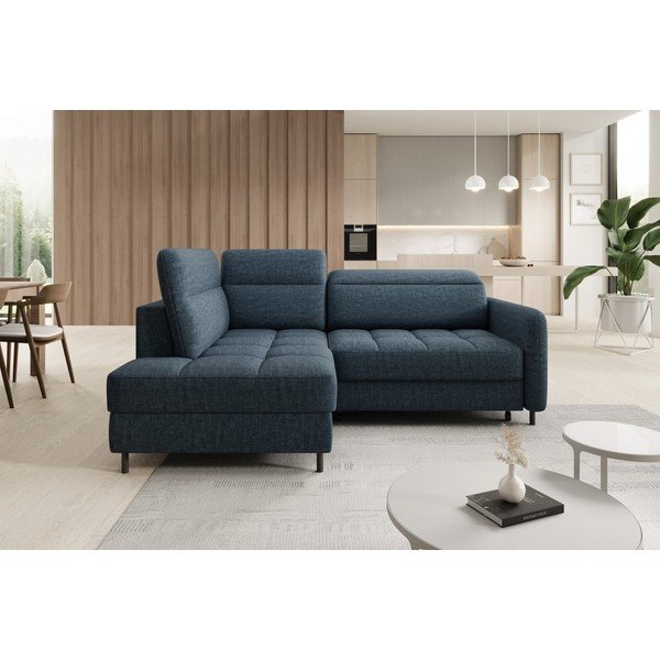 Divano angolare blu allungabile/con contenitore (con penisola a sinistra/a L) e rivestimento in velluto Barea – ELTAP-image-3