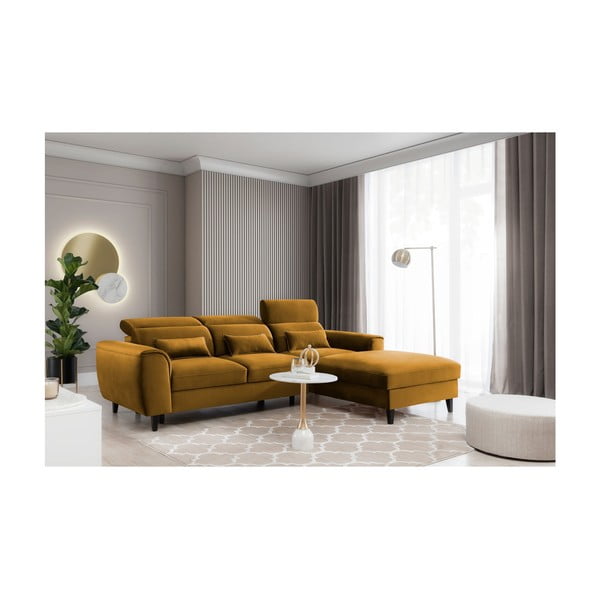 Divano angolare giallo allungabile/con contenitore (con penisola a destra/con chaise lounge) e rivestimento in velluto Foble – ELTAP-image-3