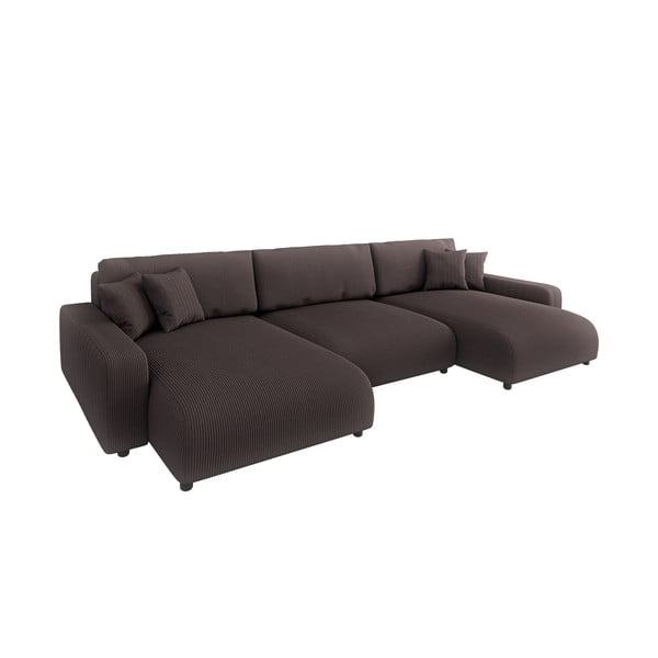 Divano angolare marrone allungabile/con contenitore (a U) con rivestimento in velluto a coste Sara – Ropez