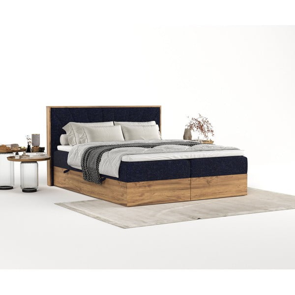 Letto boxspring con contenitore in blu scuro-naturale 200x200 cm Asahi - Maison de Rêve-image-2