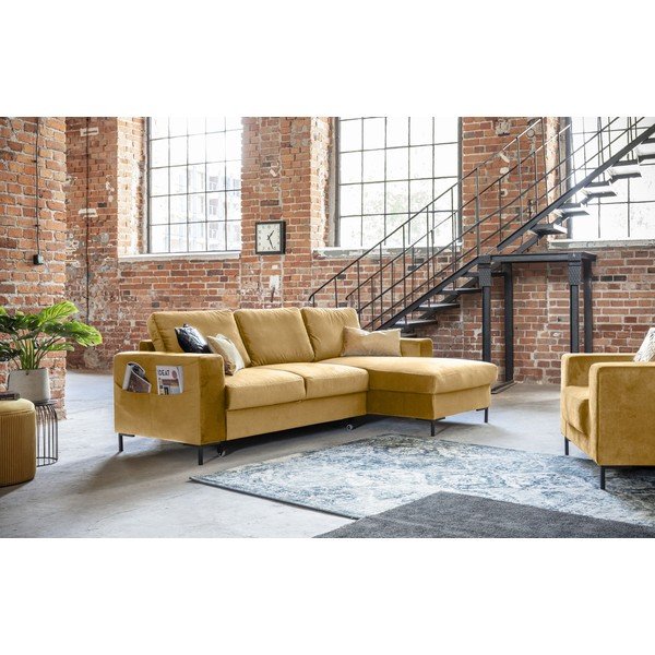 Divano letto angolare in velluto giallo senape , angolo destro Lofty Lilly - Miuform-image-4