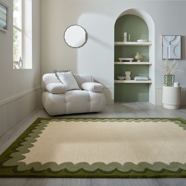 Tappeto verde/di colore naturale in lana tessuto a mano 160x230 cm Wiggle Wool – Flair Rugs-image-1