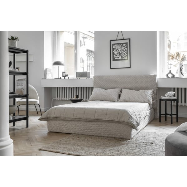 Letto matrimoniale imbottito beige con spazio contenitivo e rete 140x200 cm Sleepy Luna - Miuform-image-4