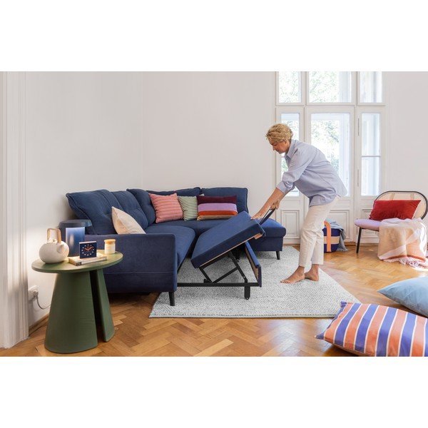 Divano letto angolare in velluto blu scuro L, angolo destro Stylish Stan - Miuform-image-3