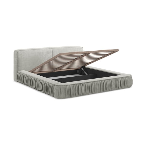 Letto matrimoniale imbottito grigio chiaro con contenitore e rete inclusi 180x200 cm Keoni – Makamii-image-1