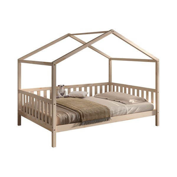 Letto da bambini a forma di casa di colore naturale in pino massiccio con rete inclusa 140x200 cm Dallas – Vipack