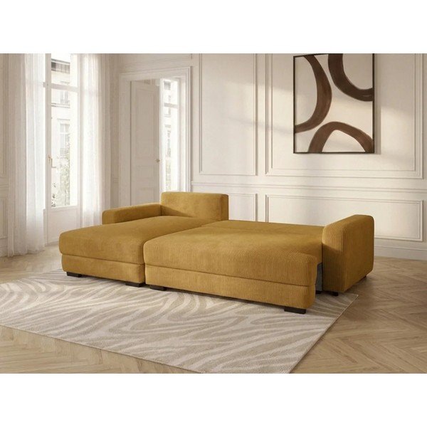 Divano angolare giallo allungabile/con contenitore (con penisola a sinistra/con chaise lounge) con rivestimento in velluto a coste Campi – Bobochic Paris-image-3