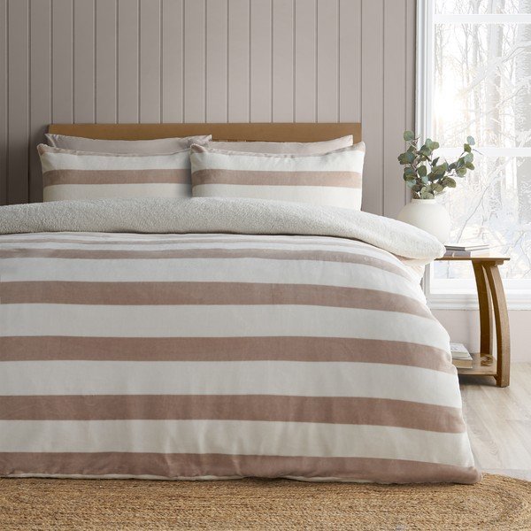 Set copripiumino e federa di colore naturale in sherpa per letto singolo 135x200 cm Cosy Sherpa Stripe – Catherine Lansfield-image-1