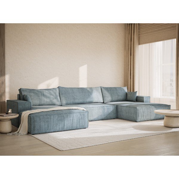 Divano angolare azzurro allungabile/con contenitore (a U) con rivestimento in ciniglia Kyoto – Maison de Rêve-image-1