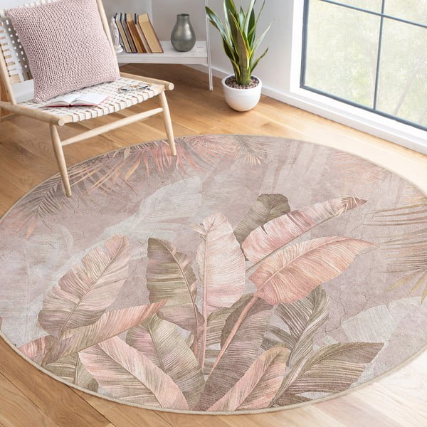 Tappeto rotondo in rosa chiaro lavabile ø 120 cm Dusty Leaves – Mila Home-image-1