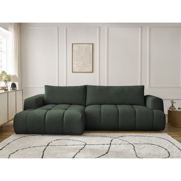 Divano angolare verde allungabile e con contenitore (penisola a sinistra/chaise lounge) con rivestimento in ciniglia Fuji – Bobochic Paris-image-1