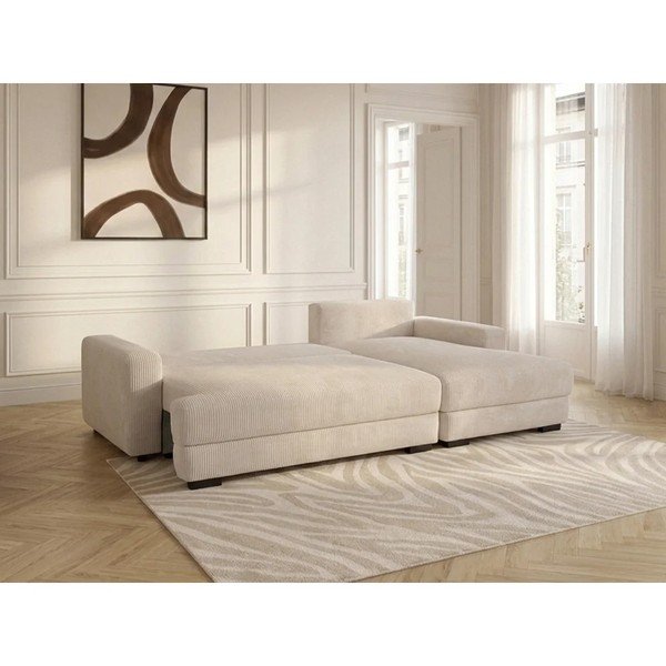 Divano angolare beige allungabile/con contenitore (con penisola a destra/con chaise lounge) con rivestimento in velluto a coste Campi – Bobochic Paris-image-2