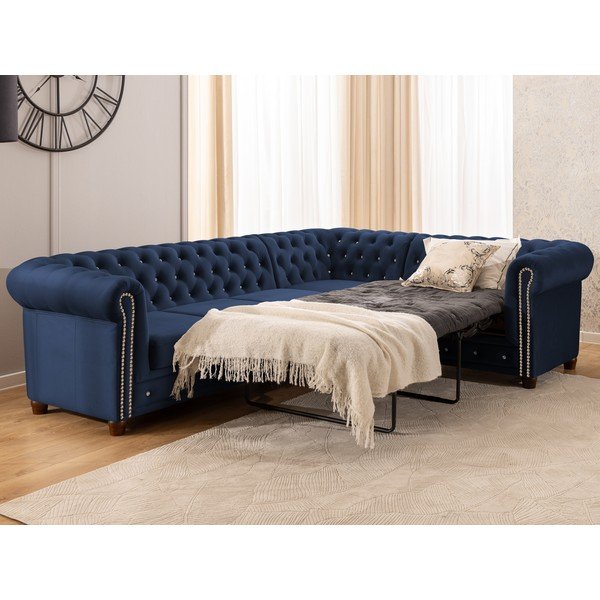 Divano angolare blu allungabile (con penisola a destra/a L) con rivestimento in velluto York Blik – Ropez-image-4