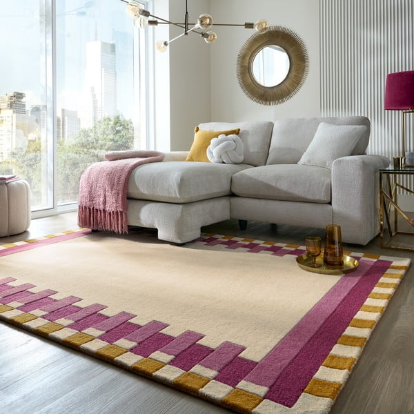 Tappeto in lana giallo e rosa tessuto a mano 160x230 cm Kai Wool Border - Flair Rugs-image-1