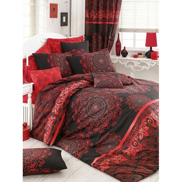 Lenzuola in cotone rosso e nero per letto matrimoniale con lenzuolo e copriletto 220x240 cm Osmanli - Mijolnir