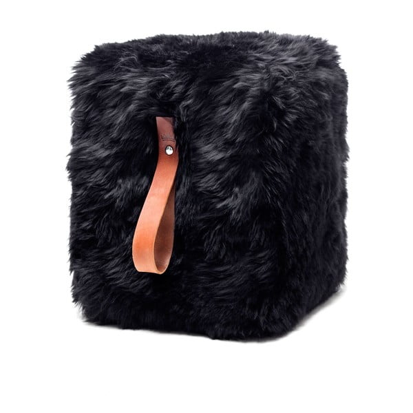 Pouf in pelle di pecora nera con passante marrone , 45 x 45 cm - Royal Dream