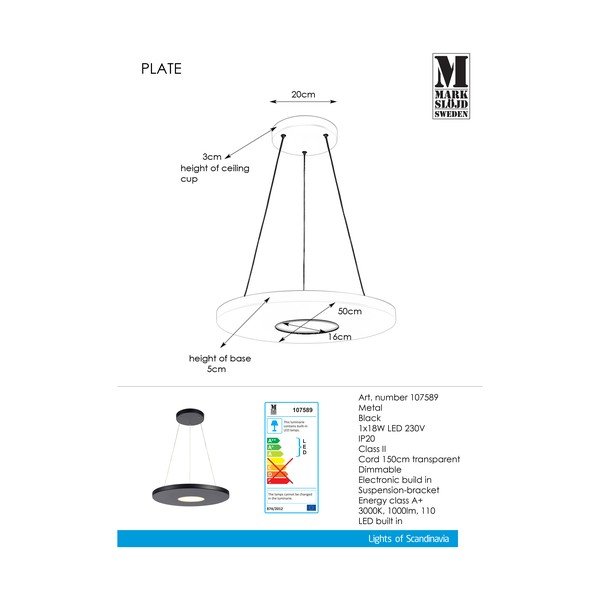 Apparecchio a sospensione nero , ø 50 cm Plate - Markslöjd-image-1