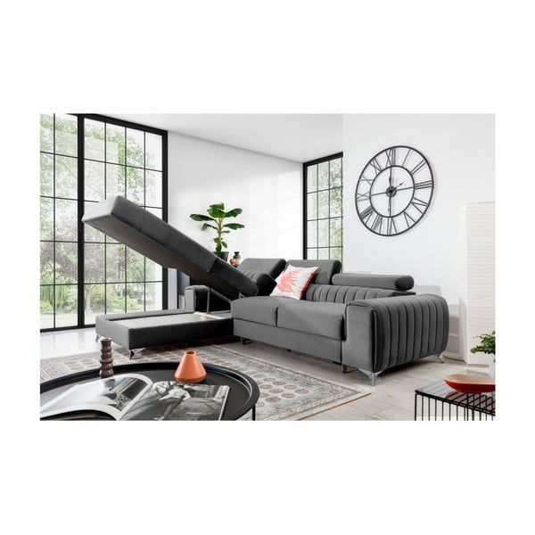 Divano angolare grigio allungabile/con contenitore (con penisola a sinistra/con chaise lounge) e rivestimento in velluto Grayson – ELTAP-image-3