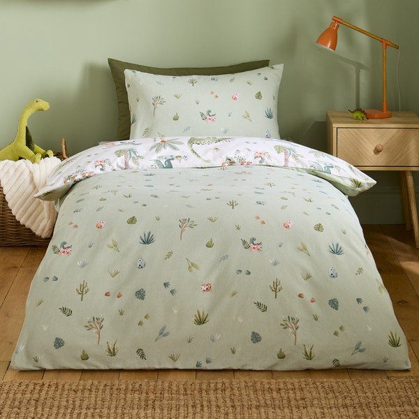 Set copripiumino e federa da bambini color crema in flanella per letto singolo 135x200 cm Brushed Sleepy Saurus Dino – Catherine Lansfield-image-2