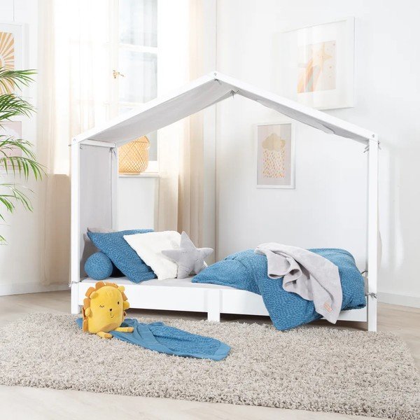 Letto da bambini a forma di casa bianco in legno massiccio con materasso incluso e rete inclusa 70x140 cm Montessori – Roba-image-3