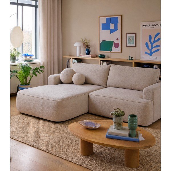 Divano angolare beige allungabile (con penisola a sinistra) con rivestimento in bouclé Quinoa – Bonami Selection-image-4