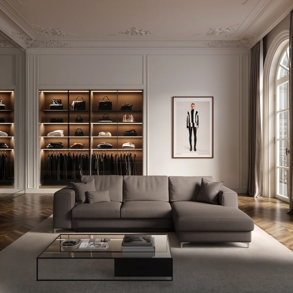 Divano angolare grigio tortora allungabile e con contenitore (con penisola a destra e chaise lounge) rivestito in velluto Rene – Rodier-image-1