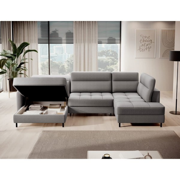Divano angolare grigio chiaro allungabile/con contenitore (con penisola a destra/a U) e rivestimento in velluto Berrto – ELTAP-image-2
