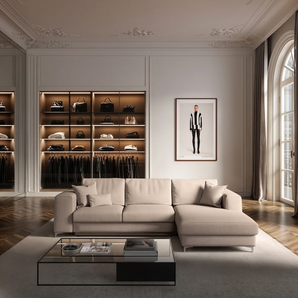 Divano angolare beige allungabile e con contenitore (con penisola a destra e chaise lounge) rivestito in velluto Rene – Rodier-image-1