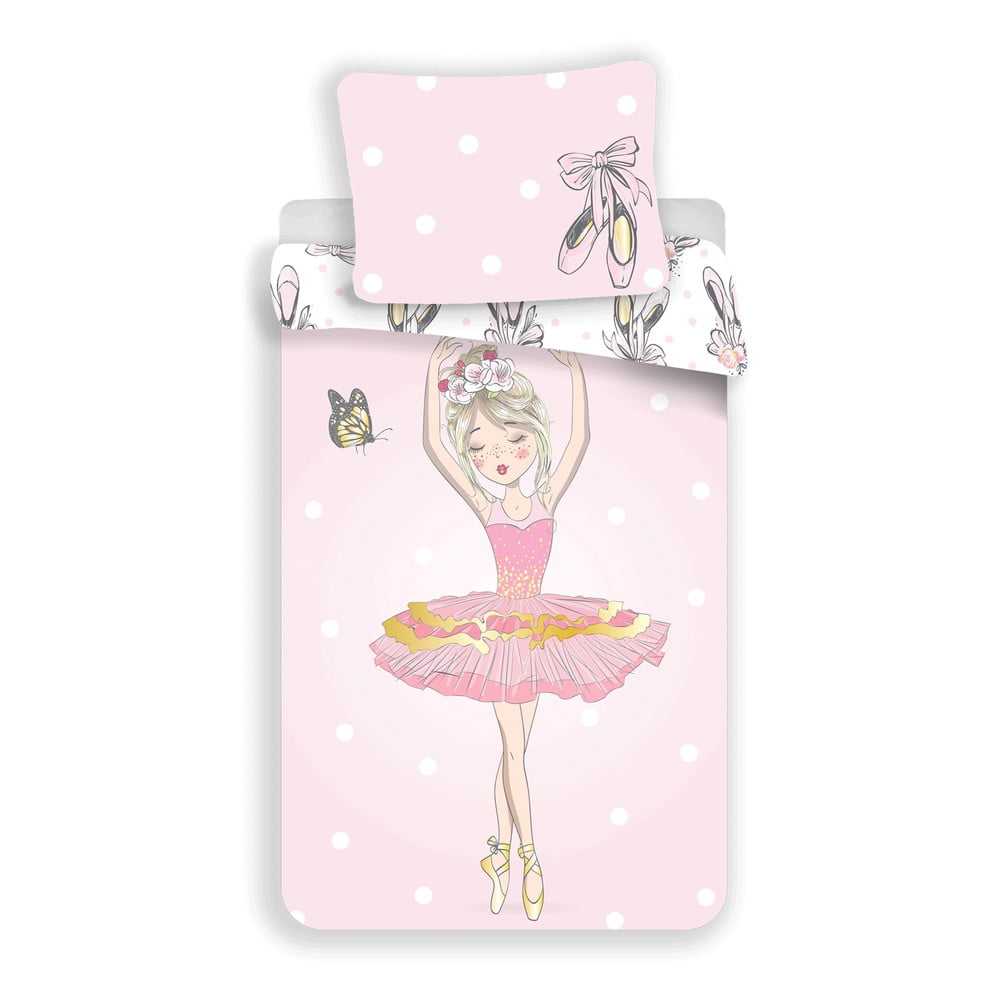 Set copripiumino e federa da bambini rosa in cotone per letto singolo 140x200 cm Ballerina – Jerry Fabrics | Biancheria da letto per bambini