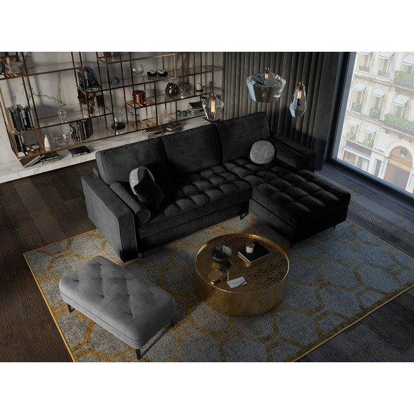 Divano letto angolare in velluto nero, angolo destro Santo - Milo Casa-image-1
