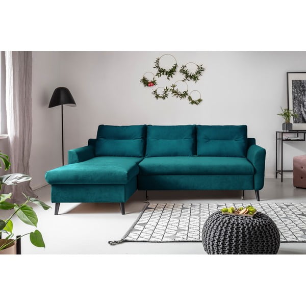 Divano letto angolare in velluto turchese, angolo sinistro Stylish Stan - Miuform-image-1