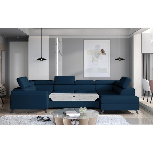 Divano angolare blu allungabile/con contenitore (con penisola a destra/a U) e rivestimento in velluto Escada – ELTAP-image-2