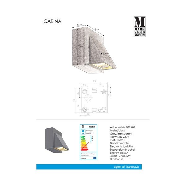 Lampada da parete grigia , 8 x 7,5 cm Carina - Markslöjd-image-1