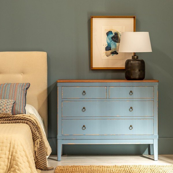 Cassettiera bassa blu in legno di abete 115x90 cm Shabby - Ixia-image-1