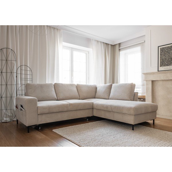 Divano letto angolare in velluto a coste beige (angolo destro) Lofty Lilly - Miuform-image-3