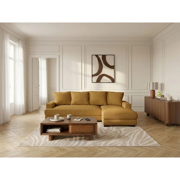 Divano angolare giallo allungabile/con contenitore (con penisola a destra/con chaise lounge) con rivestimento in velluto a coste Campi – Bobochic Paris-image-1
