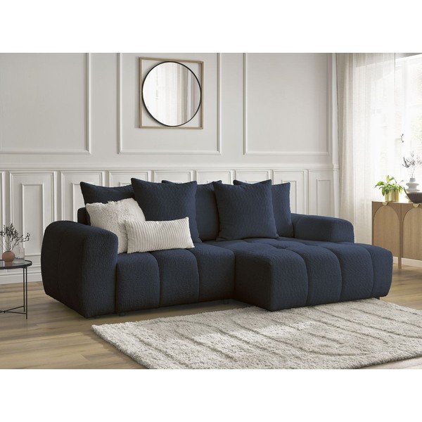 Divano angolare blu allungabile/con contenitore (con penisola a destra/con chaise lounge) con rivestimento in bouclé Roxelane – Bobochic Paris-image-4