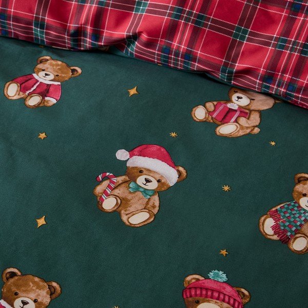 Set copripiumino e federa rosso/verde scuro per letto singolo 150x120 cm Christmas Tartan Teddy Bear – Catherine Lansfield-image-2